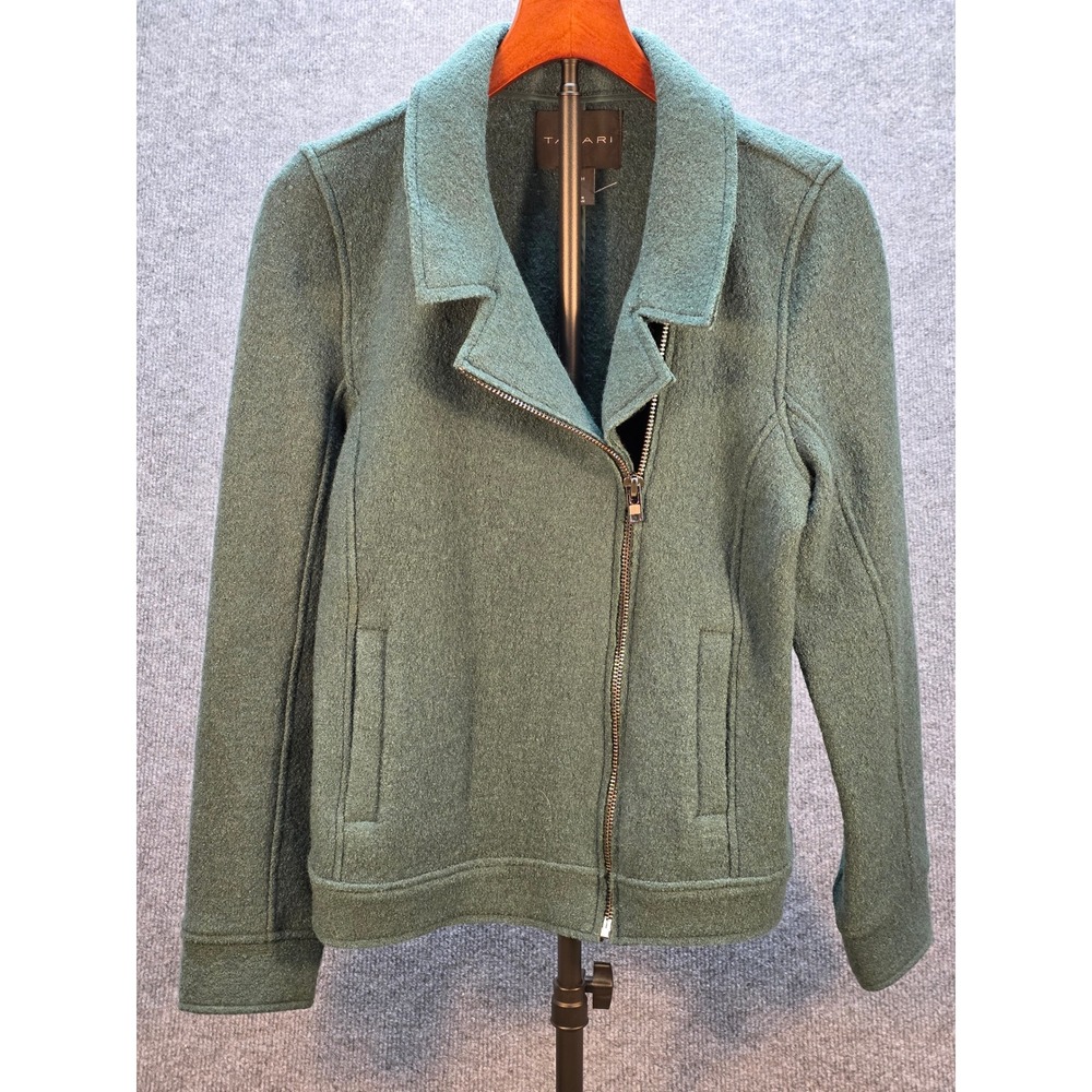 Tahari Jacket Women Medium Green Excellent Wool Blend Asymmetric Moto Zip Front - Picture 3 of 11